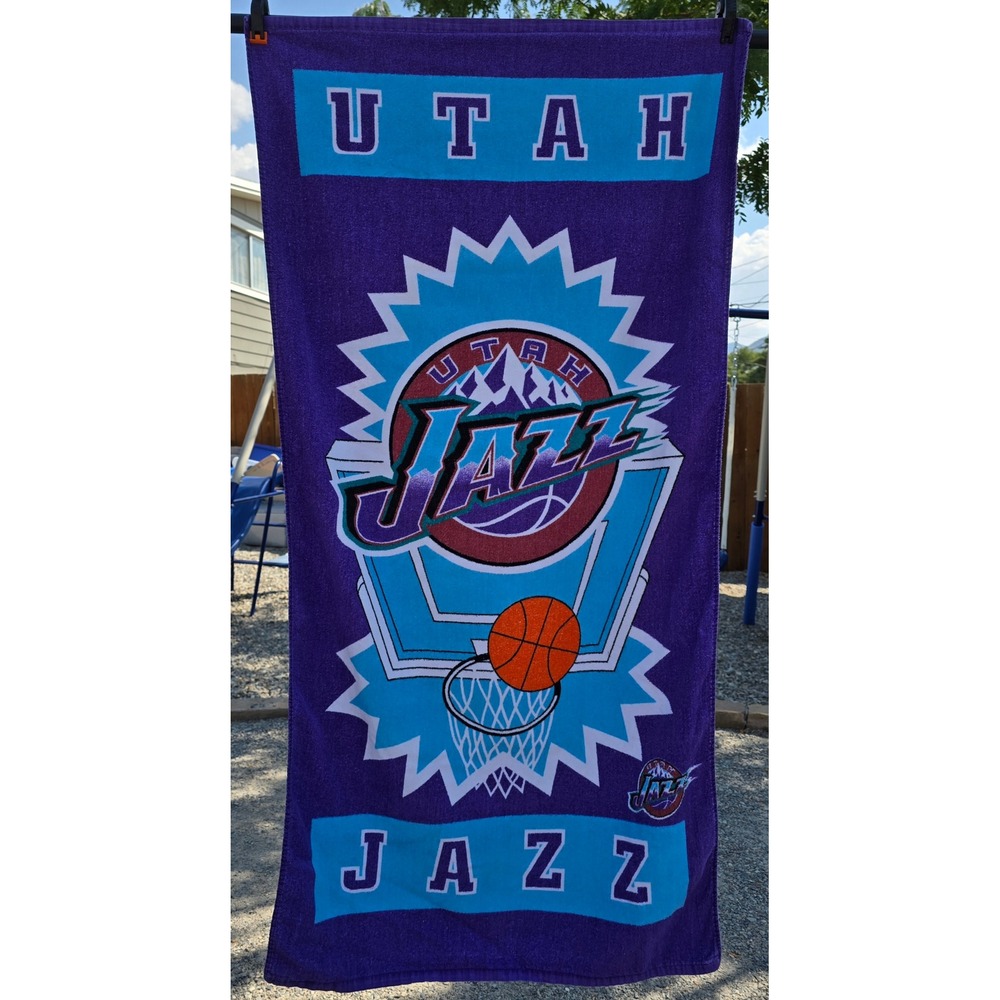 Vintage NBA Utah Jazz Beach Towel Purple Mountain Logo 90s Basketball Graphic